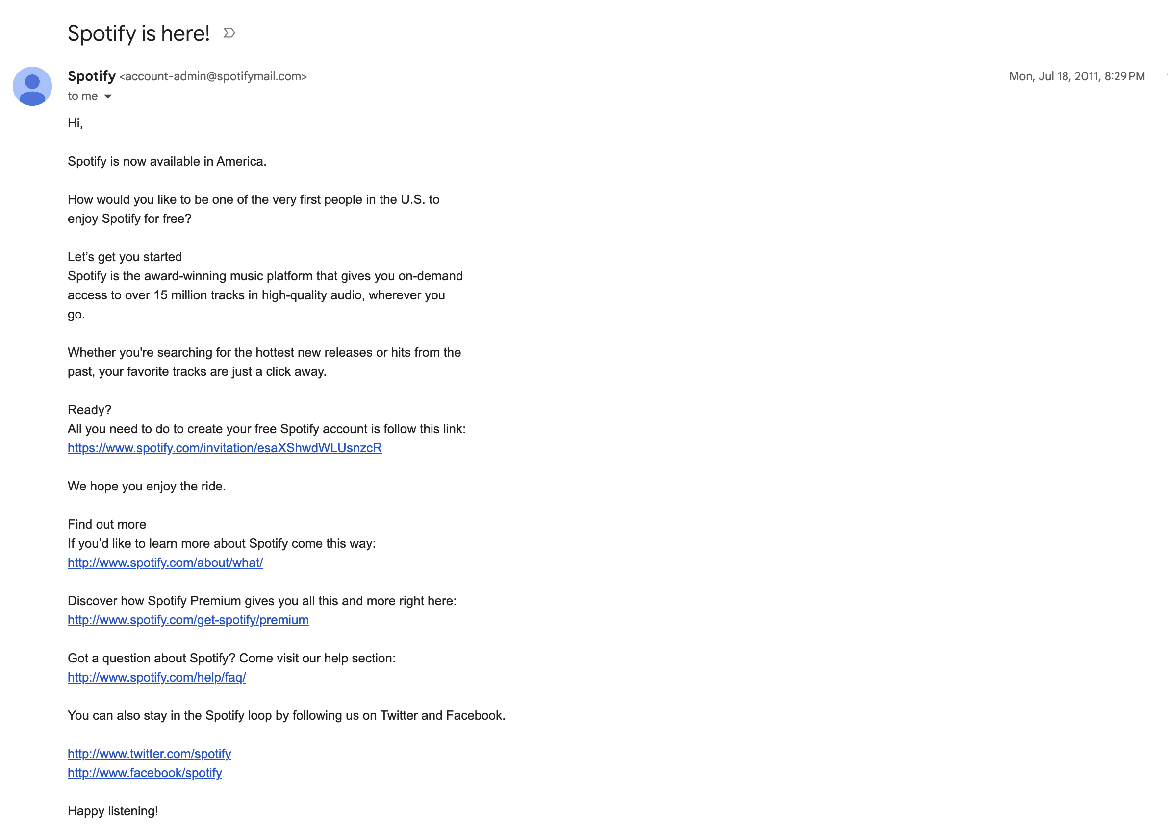 Screenshot of my original Spotify signup email from 2011